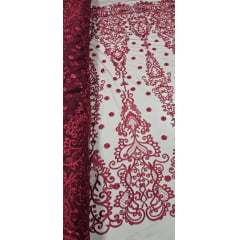Tule Bordado Arabescos com Bico Marsala  ST500    