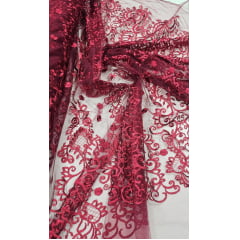 Tule Bordado Arabescos com Bico Marsala  ST500    