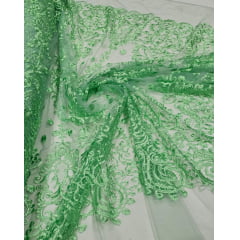 Tule Bordado Arabescos com Bico Verde Menta ST500  