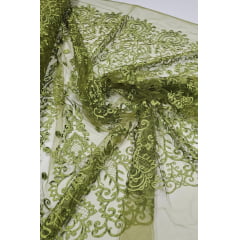Tule Bordado Arabescos com Bico Verde Oliva  ST500   