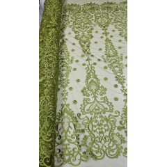 Tule Bordado Arabescos com Bico Verde Oliva  ST500   