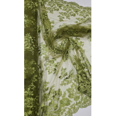 Tule Bordado Com Bico Verde Oliva Modelo LS2290