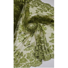Tule Bordado Com Bico Verde Oliva Modelo LS2290