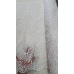 Tule Bordado Premium Arabescos Bride Branco com Pérolas - Modelo 02