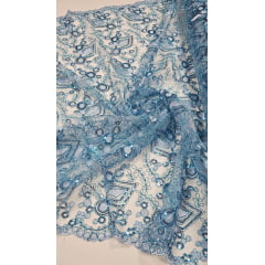 Tule Bordado Europa Azul Turquesa com Fio Metálico Azul MCT