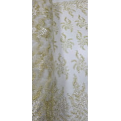 Tule Bordado Europa Bicolor Branco e Dourado JKS8 