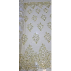 Tule Bordado Europa Branco com Fio Metálico Dourado MCT Modelo 02 