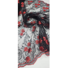 Tule Bordado Europa com Fio Metálico Vermelho e Preto I08
