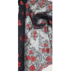 Tule Bordado Europa com Fio Metálico Vermelho e Preto I08