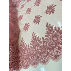 Tule Bordado Europa com Soutache e Bico nos 2 Lados Rosê ST23032022 