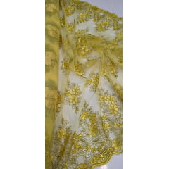 Tule Bordado Europa Dourado com Fio Metálico Dourado MCT Modelo 02 