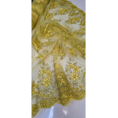 Tule Bordado Europa Dourado com Fio Metálico Dourado MCT Modelo 02 