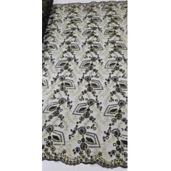 Tule Bordado Europa Preto com Fio Metálico Dourado MCT
