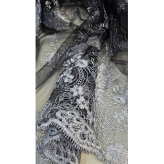 Tule Bordado Europa Preto com Fio Metálico Prata  MCT Modelo 02 