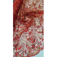 Tule Bordado Europa Vermelho com Fio Metálico Dourado MCT