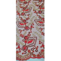 Tule Bordado Europa Vermelho com Fio Metálico Dourado MCT