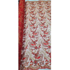Tule Bordado Europa Vermelho com Fio Metálico Dourado MCT