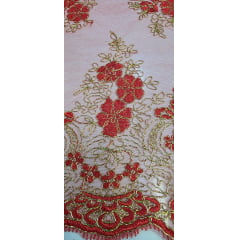 Tule Bordado Europa Vermelho com Fio Metálico Dourado MCT Modelo 02