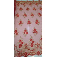 Tule Bordado Europa Vermelho com Fio Metálico Dourado MCT Modelo 02