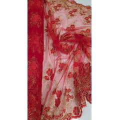 Tule Bordado Europa Vermelho com Fio Metálico Dourado MCT Modelo 02
