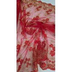 Tule Bordado Europa Vermelho com Fio Metálico Dourado MCT Modelo 02