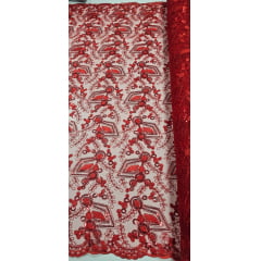 Tule Bordado Europa Vermelho com Fio Metálico Vermelho MCT