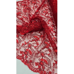 Tule Bordado Europa Vermelho com Fio Metálico Vermelho MCT