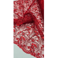 Tule Bordado Europa Vermelho com Fio Metálico Vermelho MCT