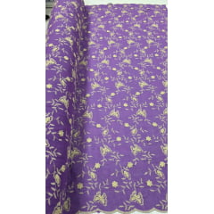 Cambraia Bordada 3D Bicolor Borboletas Roxo com Kaki  ( COM ACABAMENTO NOS 2 LADOS) 