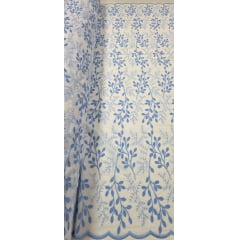 Cambraia Bordada 3D Bicolor Ramos Azul e Branco   ( COM ACABAMENTO NOS 2 LADOS)