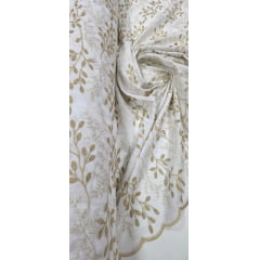 Cambraia Bordada 3D Bicolor Ramos Kaki e Branco   ( COM ACABAMENTO NOS 2 LADOS)