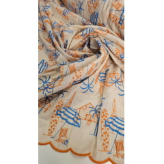 Cambraia Bordada Praia Laranja com Azul Turquesa