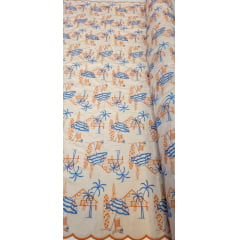 Cambraia Bordada Praia Laranja com Azul Turquesa
