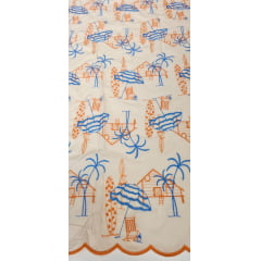 Cambraia Bordada Praia Laranja com Azul Turquesa