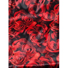 Cetim Estampado Digital Fundo Preto Rosas Vermelhas