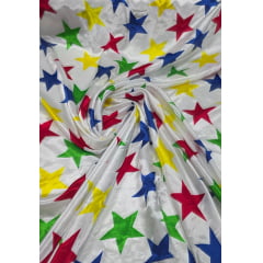 Cetim Estampado Fundo Branco Estrelas Coloridas