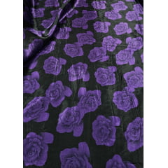 Cetim Estampado Fundo Preto Rosas Roxas