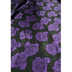 Cetim Estampado Fundo Preto Rosas Roxas