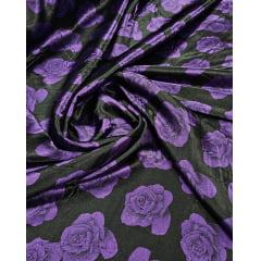 Cetim Estampado Fundo Preto Rosas Roxas