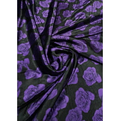 Cetim Estampado Fundo Preto Rosas Roxas
