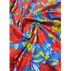 Chitão Estampado Fundo Azul com Flores Vermelhas