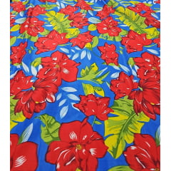 Chitão Estampado Fundo Azul com Flores Vermelhas