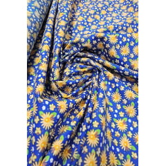 Chitão Estampado Fundo Azul com Mini Margaridas Salmão