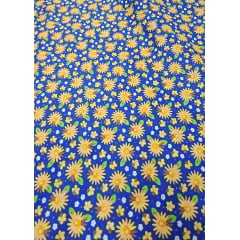 Chitão Estampado Fundo Azul com Mini Margaridas Salmão
