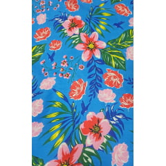 Chitão Estampado Fundo Azul Turquesa com Flores Rosa 40B