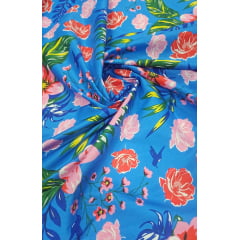 Chitão Estampado Fundo Azul Turquesa com Flores Rosa 40B