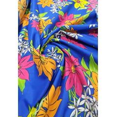 Chitão Estampado Fundo Azul Flores Coloridas