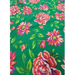Chitão Estampado Fundo Verde Flores Vermelhas 02