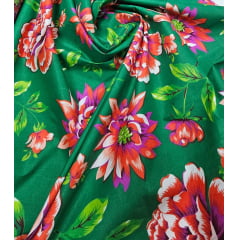 Chitão Estampado Fundo Verde Flores Vermelhas 02