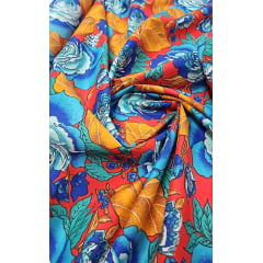 Chitão Estampado Fundo Vermelho com Flores Azul e Laranja